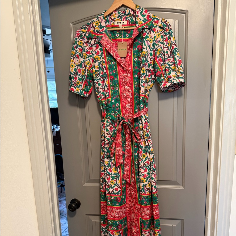 NWT Boden Pink and Green Floral Maxi Short Sleeve Dress